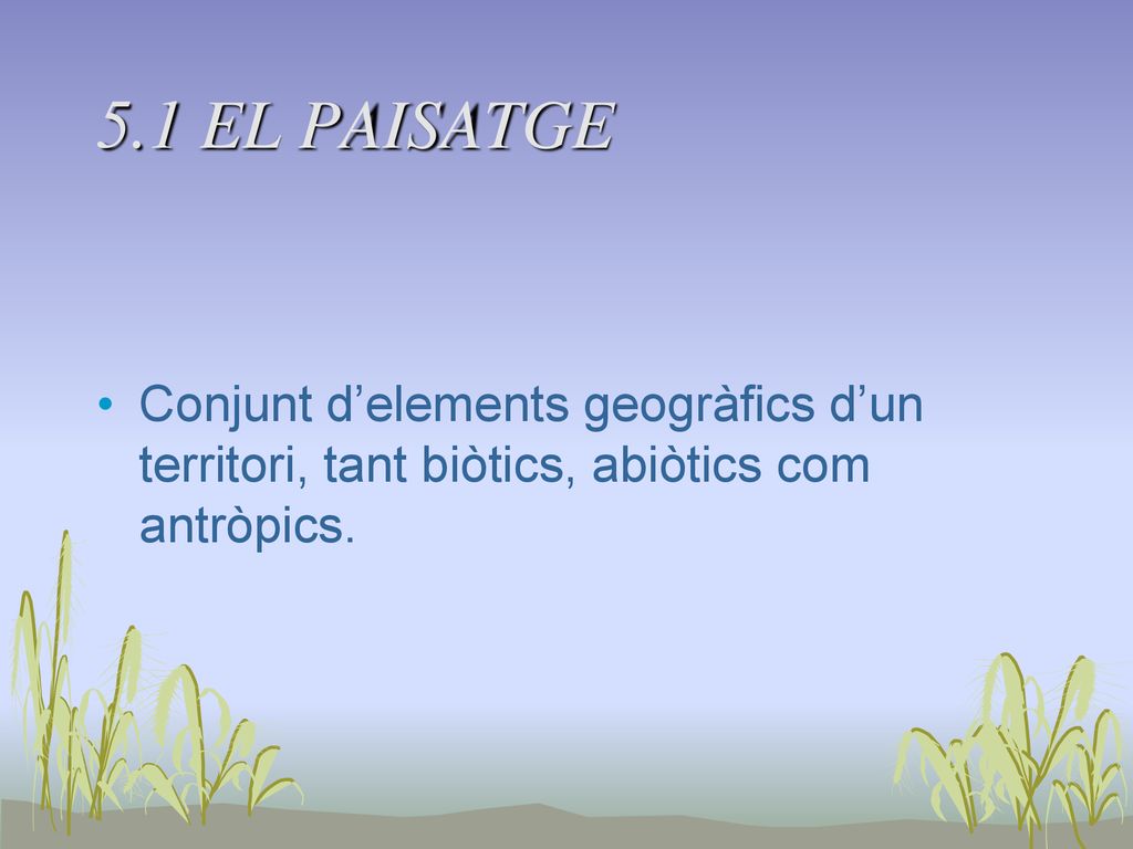 5.1 EL PAISATGE Conjunt d’elements geogràfics d’un territori, tant biòtics, abiòtics com antròpics.