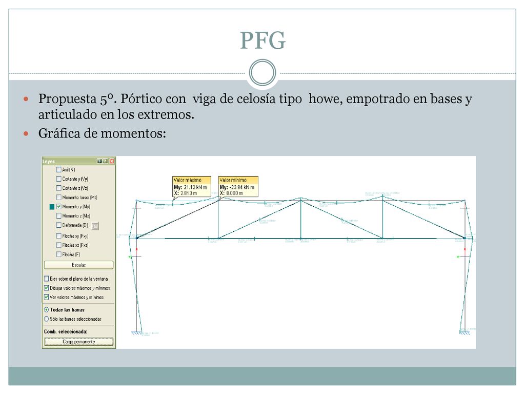 PFG Propuesta 5º. Pórtico con viga de celosía tipo howe, empotrado en bases y articulado en los extremos.