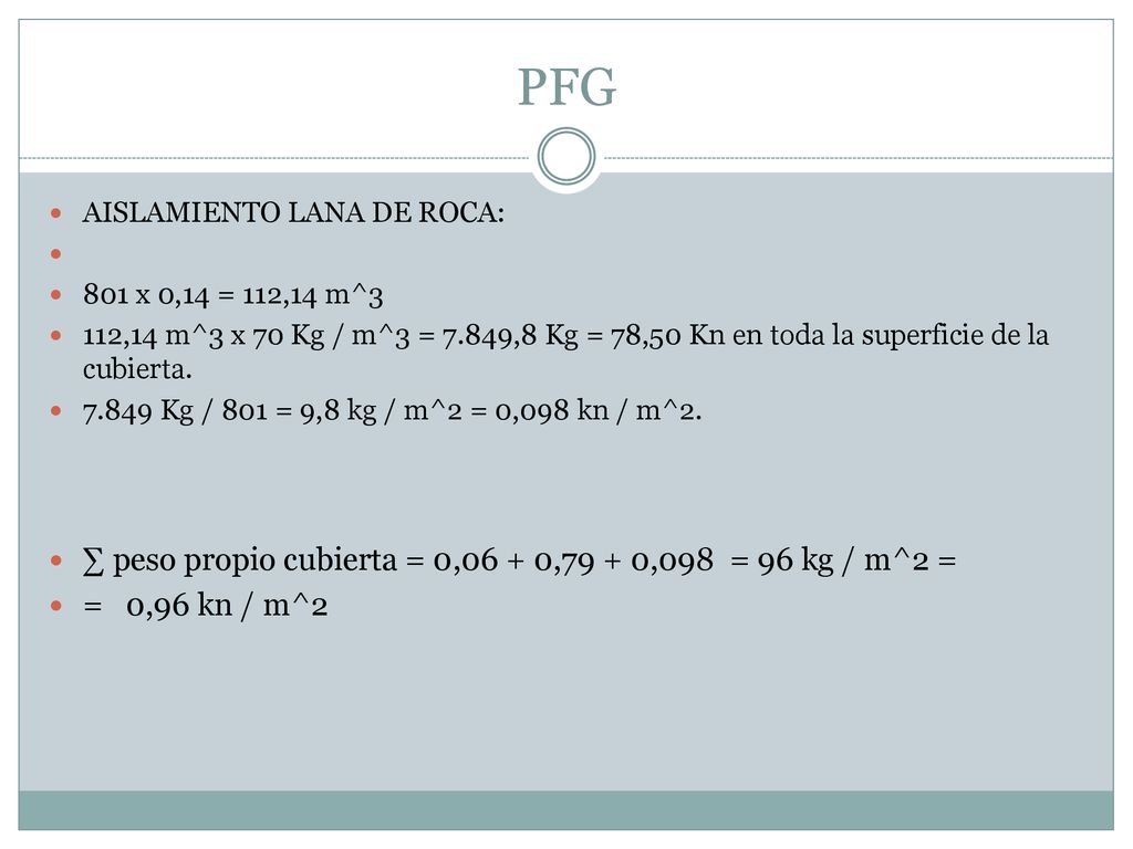 PFG ∑ peso propio cubierta = 0,06 + 0,79 + 0,098 = 96 kg / m^2 =
