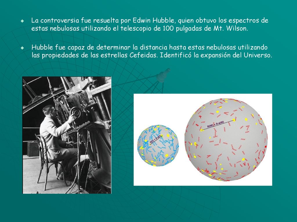 La controversia fue resuelta por Edwin Hubble, quien obtuvo los espectros de estas nebulosas utilizando el telescopio de 100 pulgadas de Mt. Wilson.