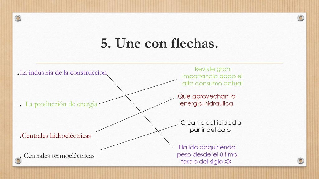 5. Une con flechas. .La industria de la construccion . La producción de energía .Centrales hidroeléctricas . Centrales termoeléctricas