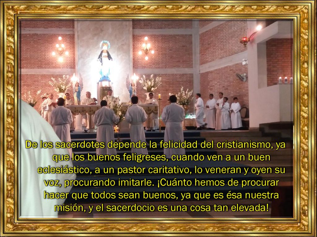 De los sacerdotes depende la felicidad del cristianismo, ya que los buenos feligreses, cuando ven a un buen eclesiástico, a un pastor caritativo, lo veneran y oyen su voz, procurando imitarle.