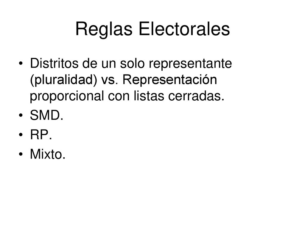 Reglas Electorales Distritos de un solo representante (pluralidad) vs. Representación proporcional con listas cerradas.