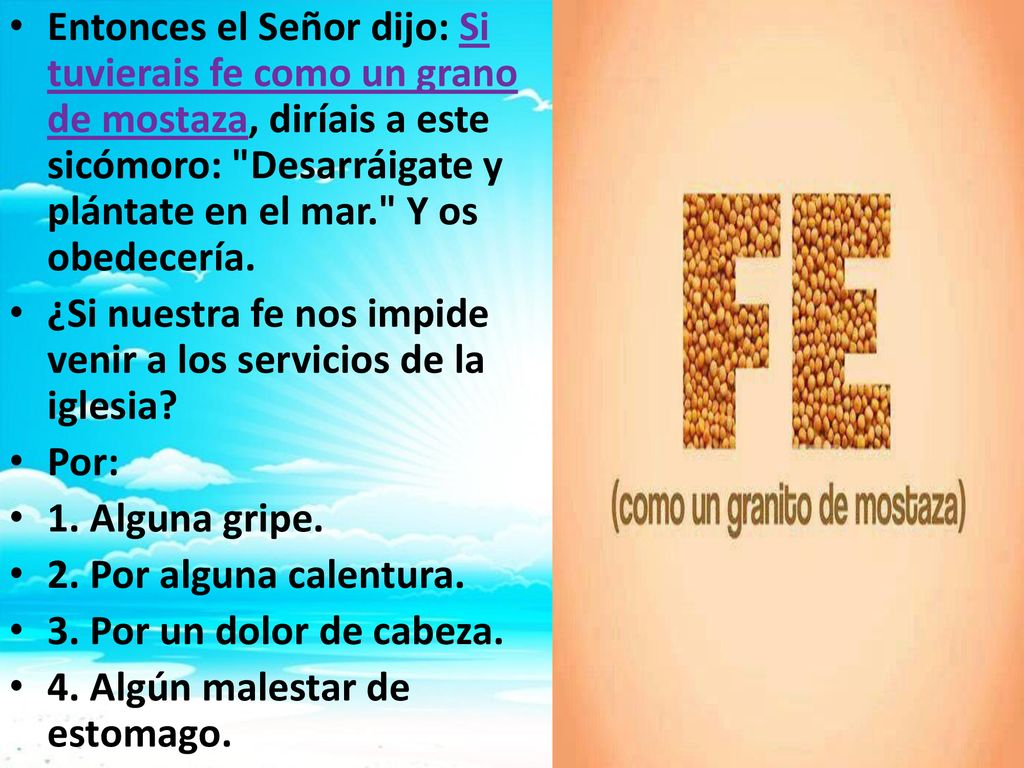 Entonces el Señor dijo: Si tuvierais fe como un grano de mostaza, diríais a este sicómoro: Desarráigate y plántate en el mar. Y os obedecería.