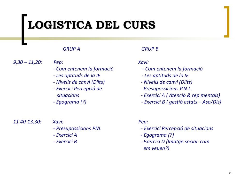 LOGISTICA DEL CURS GRUP A GRUP B 9,30 – 11,20: Pep: Xavi: