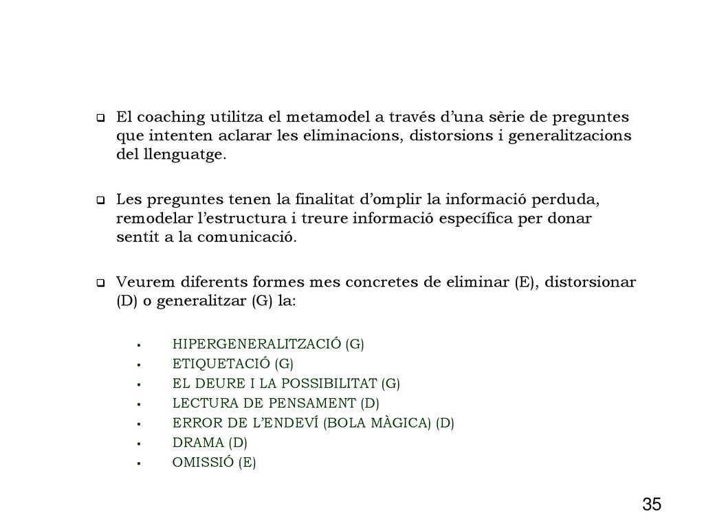 El coaching utilitza el metamodel a través d’una sèrie de preguntes que intenten aclarar les eliminacions, distorsions i generalitzacions del llenguatge.