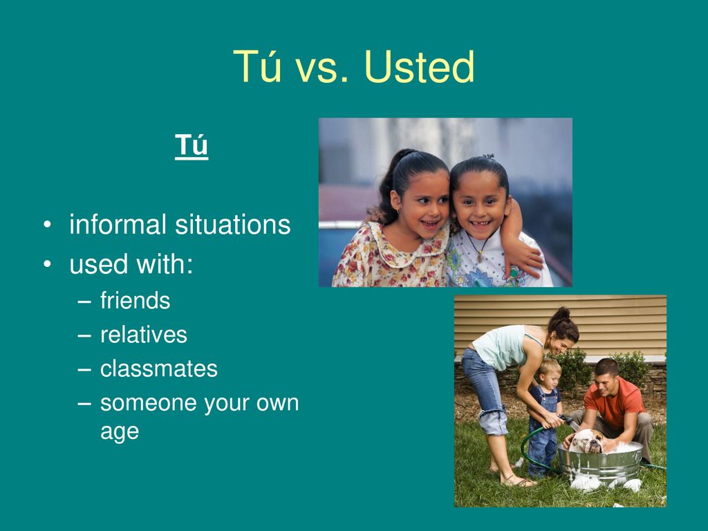 Tú vs. Usted Tú informal situations used with: friends relatives