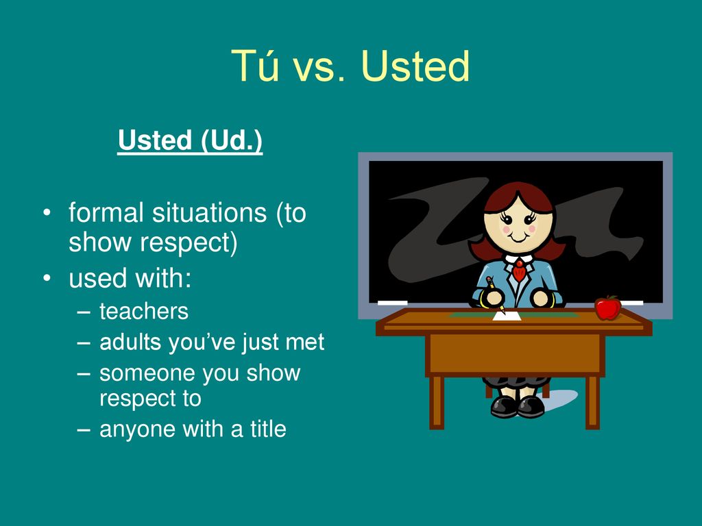 Tú vs. Usted Usted (Ud.) formal situations (to show respect)