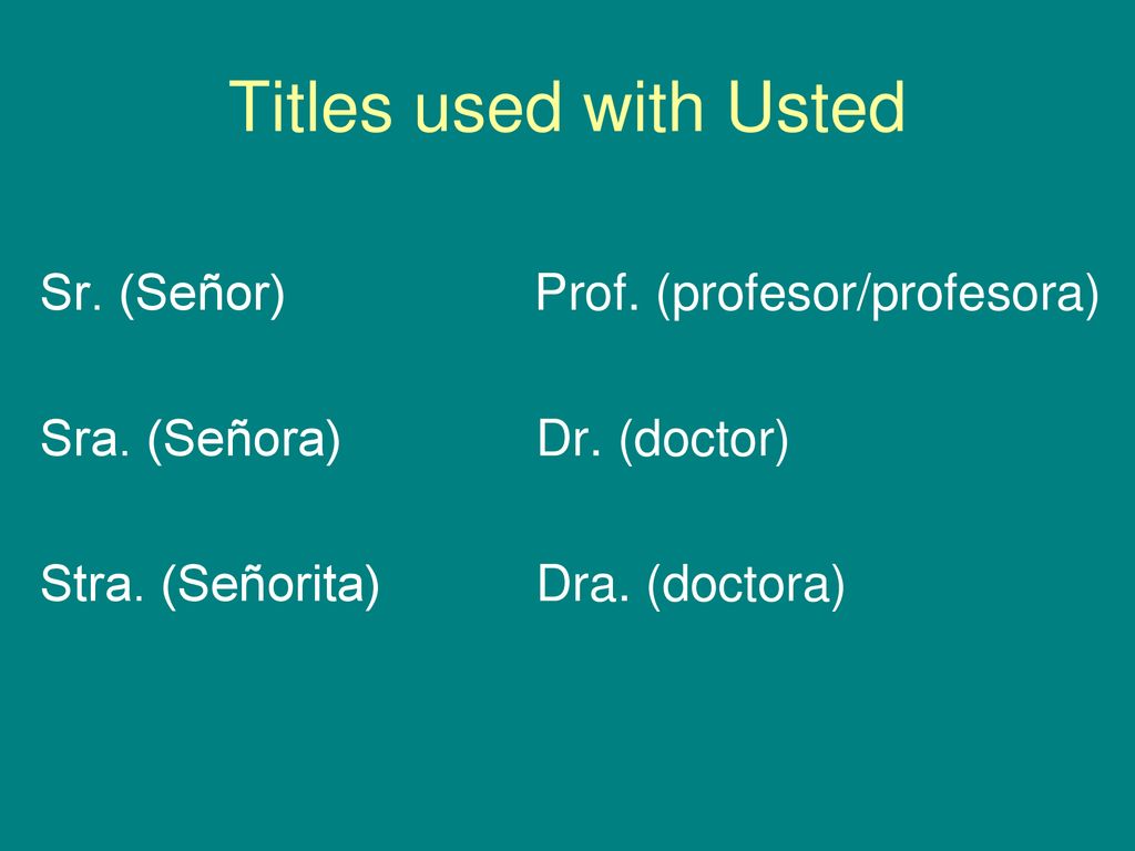 Titles used with Usted Sr. (Señor) Prof. (profesor/profesora)