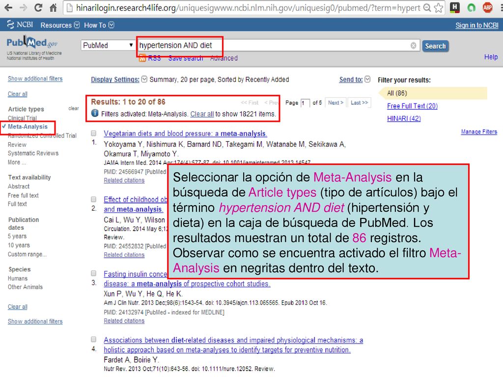 Seleccionar la opción de Meta-Analysis en la búsqueda de Article types (tipo de artículos) bajo el término hypertension AND diet (hipertensión y dieta) en la caja de búsqueda de PubMed.