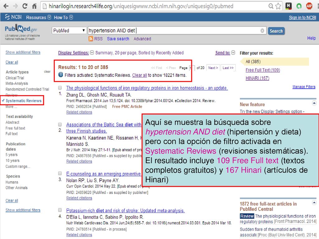 Aquí se muestra la búsqueda sobre hypertension AND diet (hipertensión y dieta) pero con la opción de filtro activada en Systematic Reviews (revisiones sistemáticas).