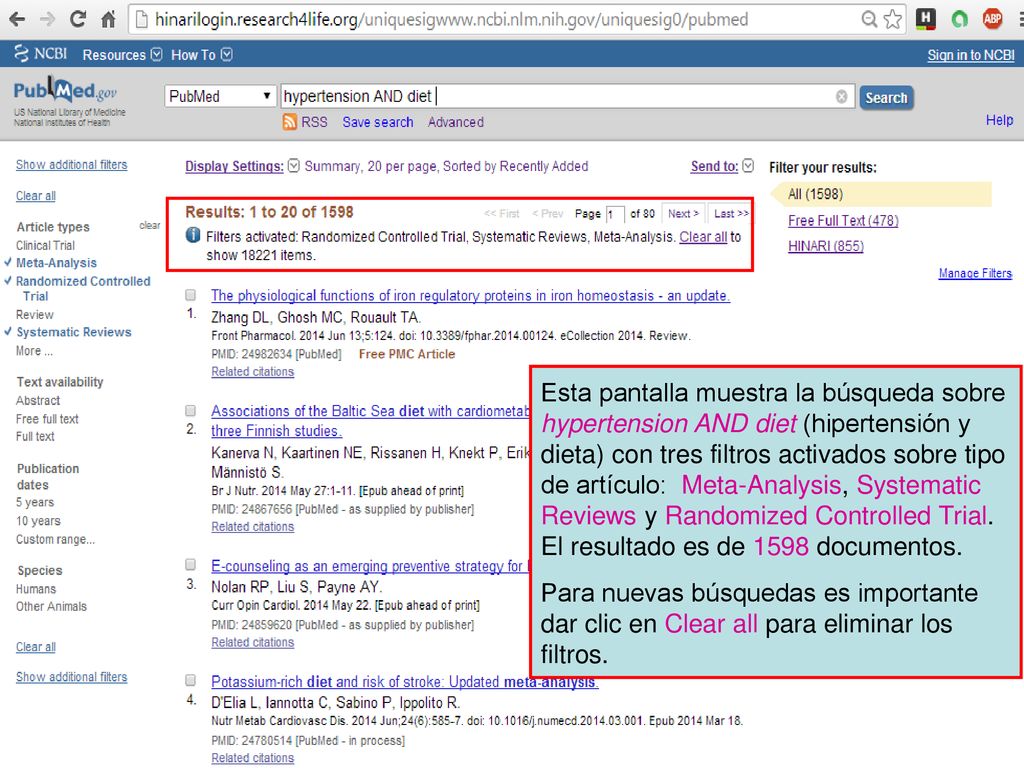 Esta pantalla muestra la búsqueda sobre hypertension AND diet (hipertensión y dieta) con tres filtros activados sobre tipo de artículo: Meta-Analysis, Systematic Reviews y Randomized Controlled Trial. El resultado es de 1598 documentos.