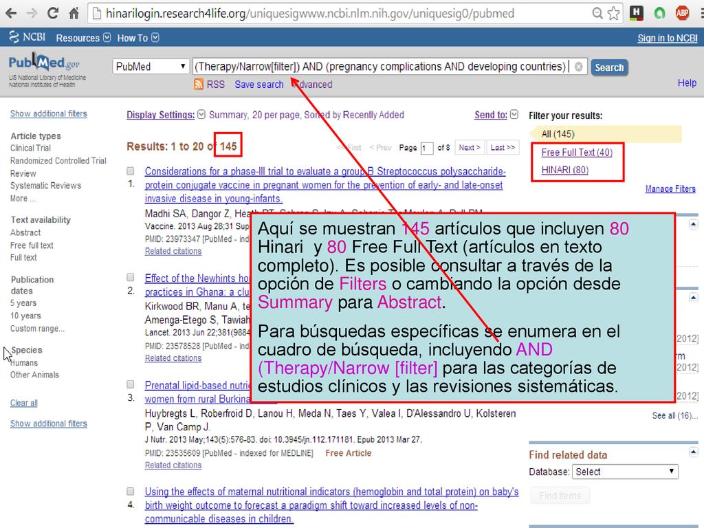 Aquí se muestran 145 artículos que incluyen 80 Hinari y 80 Free Full Text (artículos en texto completo). Es posible consultar a través de la opción de Filters o cambiando la opción desde Summary para Abstract.