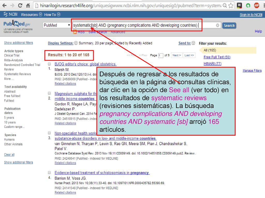 Después de regresar a los resultados de búsqueda en la página de consultas clínicas, dar clic en la opción de See all (ver todo) en los resultados de systematic reviews (revisiones sistemáticas).