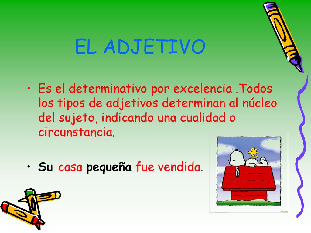 EL ADJETIVO Es el determinativo por excelencia .Todos los tipos de adjetivos determinan al núcleo del sujeto, indicando una cualidad o circunstancia.