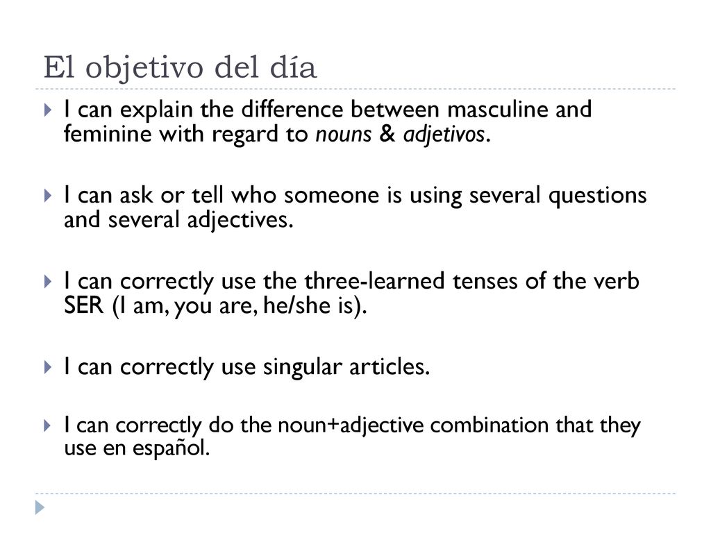 El objetivo del día I can explain the difference between masculine and feminine with regard to nouns & adjetivos.