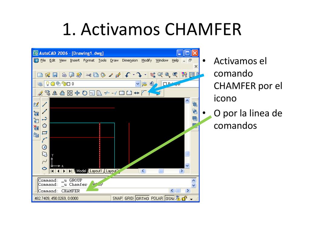 1. Activamos CHAMFER Activamos el comando CHAMFER por el icono