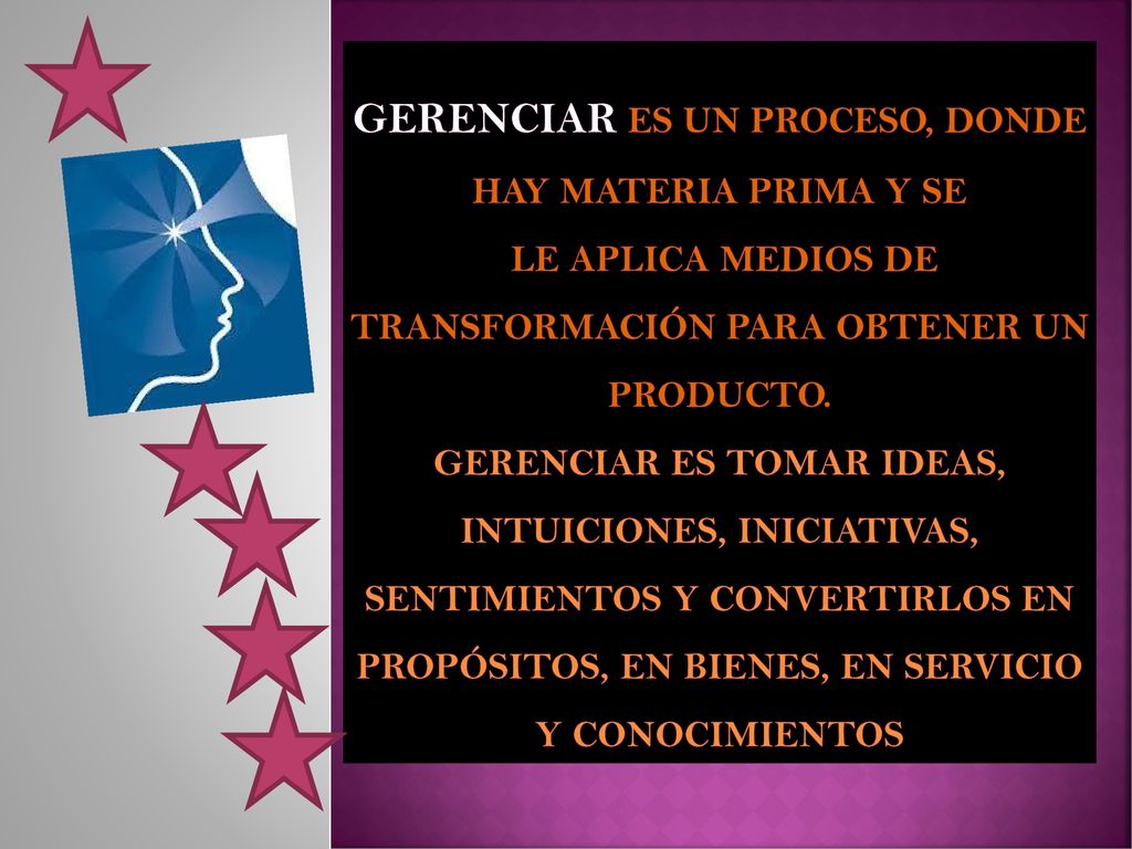 Gerenciar es un proceso, donde hay materia prima y se le aplica medios de transformación para obtener un producto.