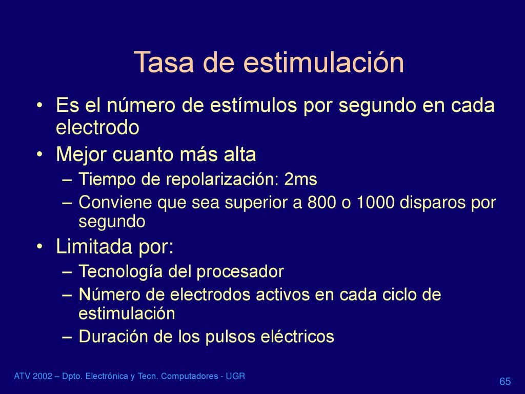 Tasa de estimulación Es el número de estímulos por segundo en cada electrodo. Mejor cuanto más alta.