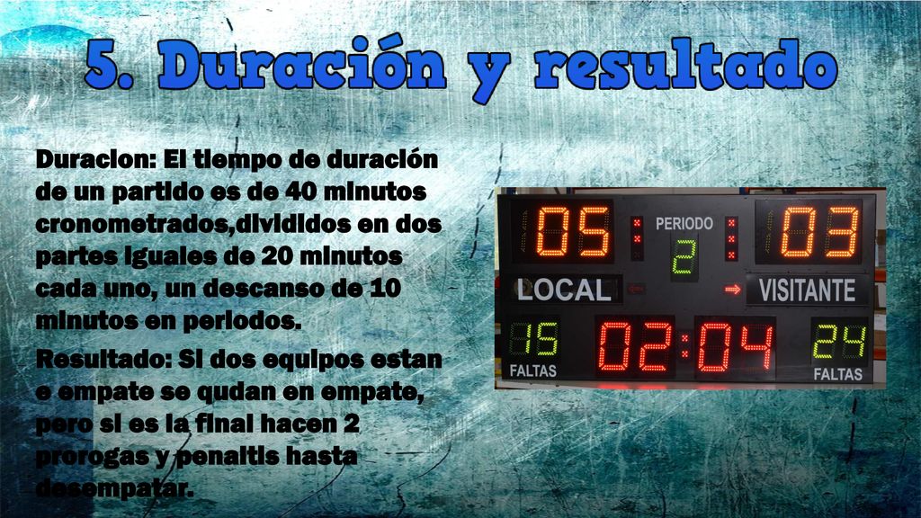 Duracion: El tiempo de duración de un partido es de 40 minutos cronometrados,divididos en dos partes iguales de 20 minutos cada uno, un descanso de 10 minutos en periodos.