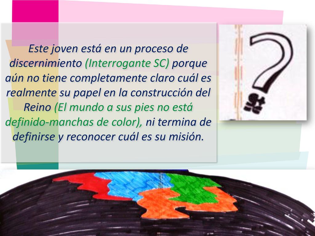 Este joven está en un proceso de discernimiento (Interrogante SC) porque aún no tiene completamente claro cuál es realmente su papel en la construcción del Reino (El mundo a sus pies no está definido-manchas de color), ni termina de definirse y reconocer cuál es su misión.