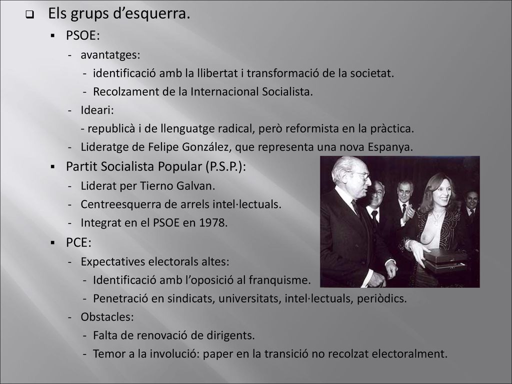 Els grups d’esquerra. PSOE: Partit Socialista Popular (P.S.P.): PCE: