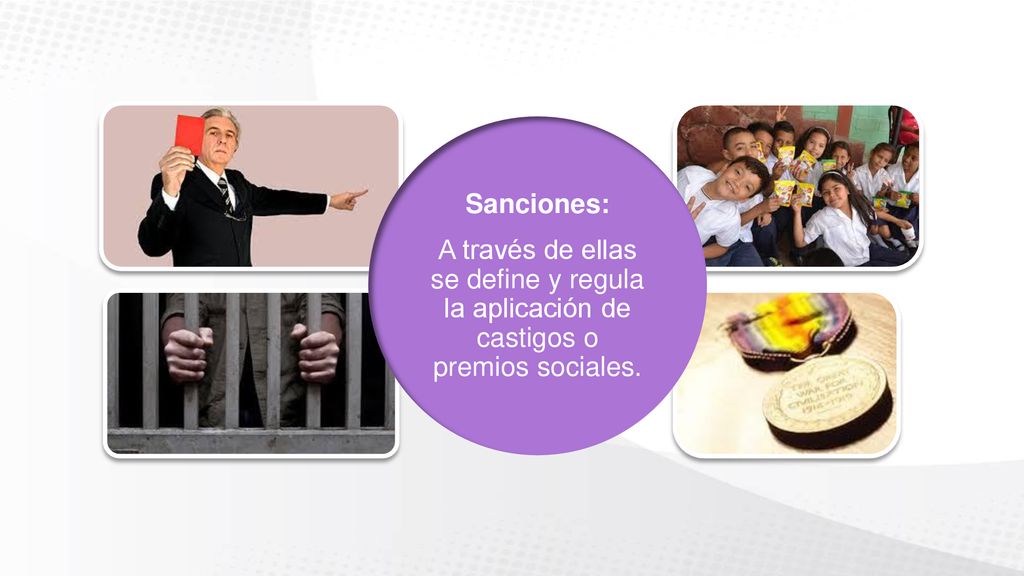 Sanciones: A través de ellas se define y regula la aplicación de castigos o premios sociales.