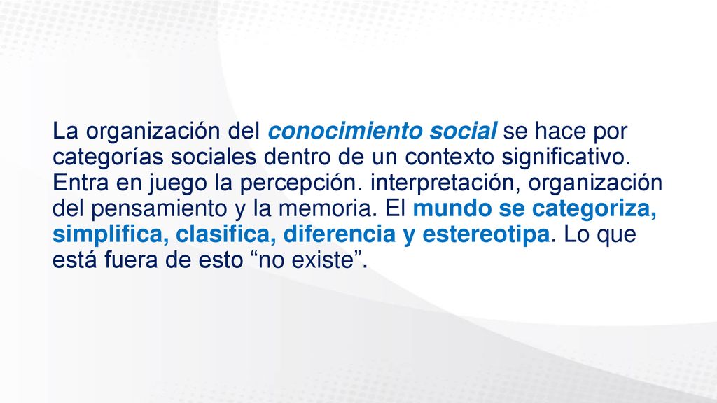 La organización del conocimiento social se hace por categorías sociales dentro de un contexto significativo.