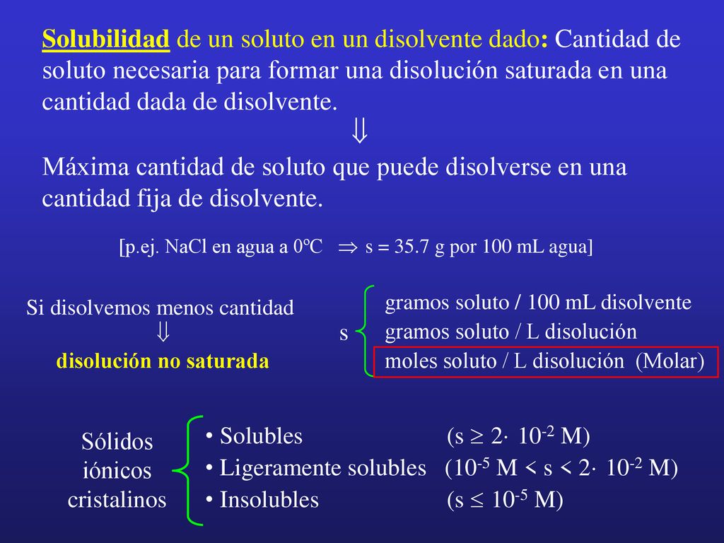 Solubilidad de un soluto en un disolvente dado: Cantidad de soluto necesaria para formar una disolución saturada en una cantidad dada de disolvente.