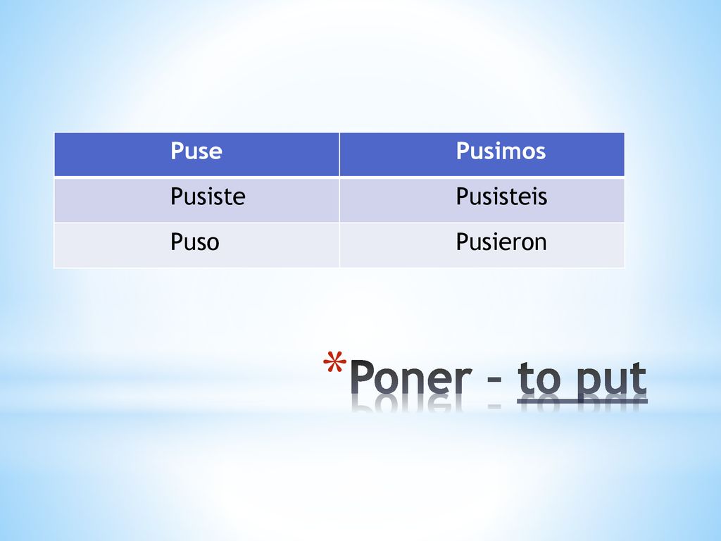 Puse Pusimos Pusiste Pusisteis Puso Pusieron Poner – to put
