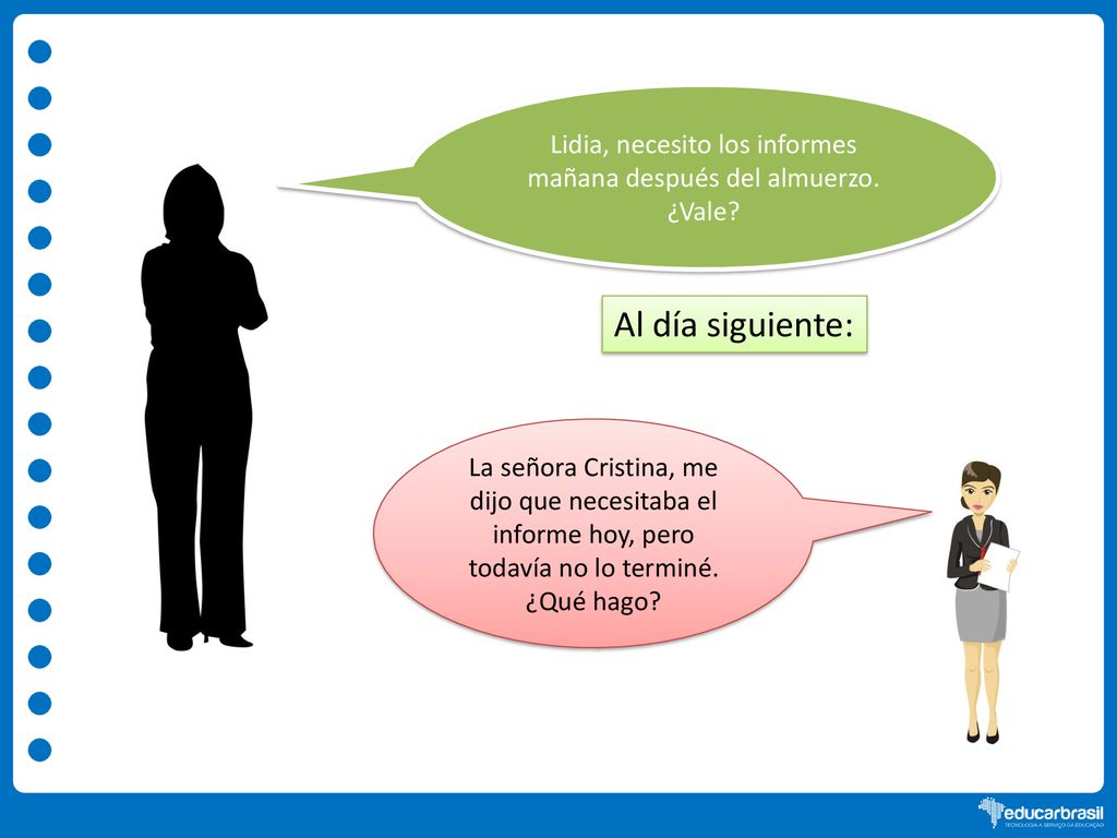 Lidia, necesito los informes mañana después del almuerzo. ¿Vale