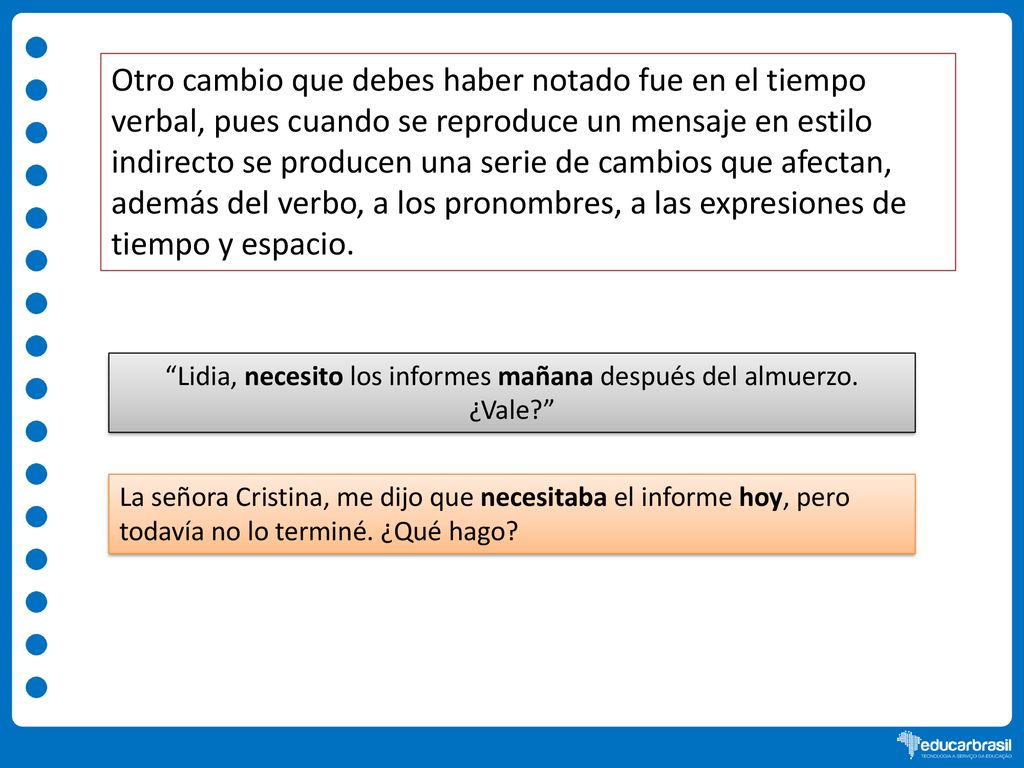 Lidia, necesito los informes mañana después del almuerzo. ¿Vale