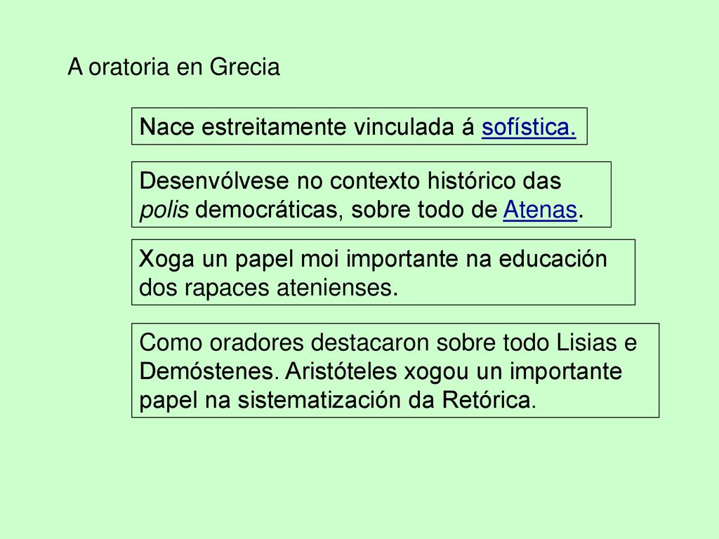 A oratoria en Grecia Nace estreitamente vinculada á sofística. Desenvólvese no contexto histórico das polis democráticas, sobre todo de Atenas.