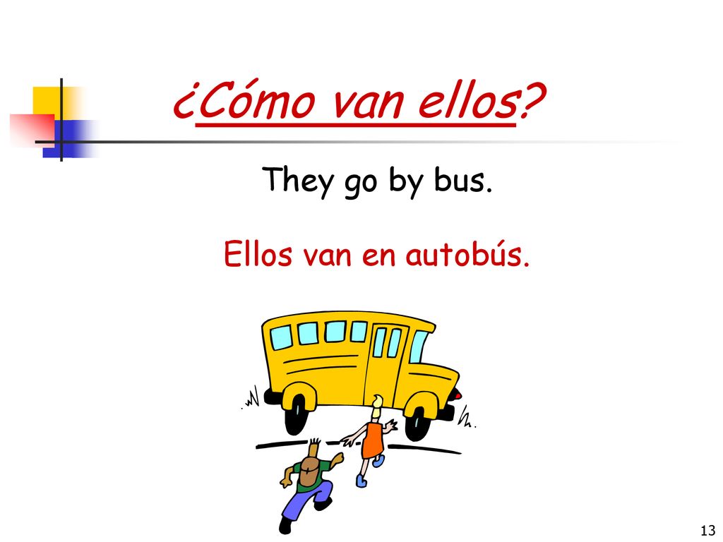 ¿Cómo van ellos They go by bus. Ellos van en autobús.