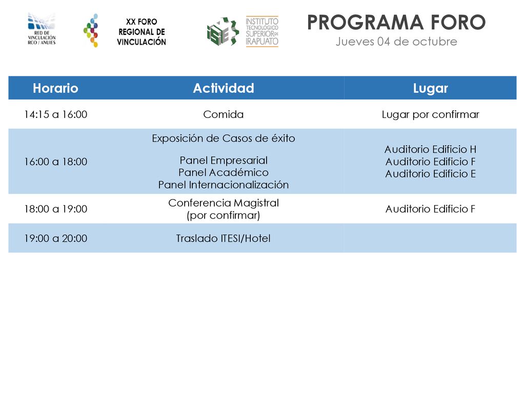PROGRAMA FORO Horario Actividad Lugar Jueves 04 de octubre