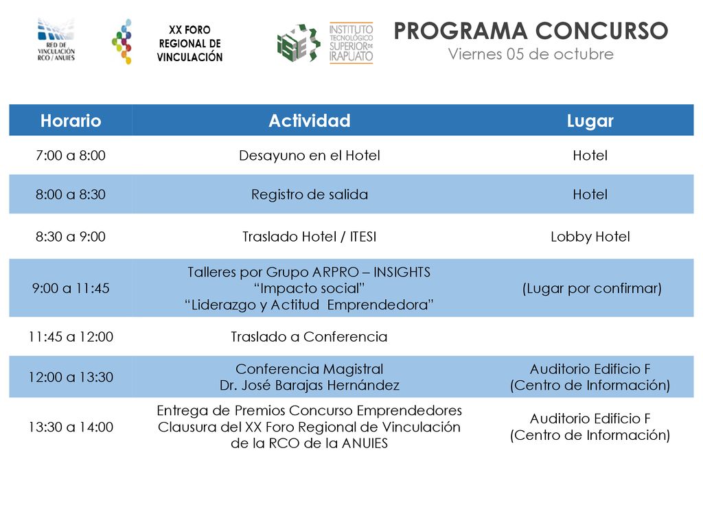 PROGRAMA CONCURSO Horario Actividad Lugar Viernes 05 de octubre