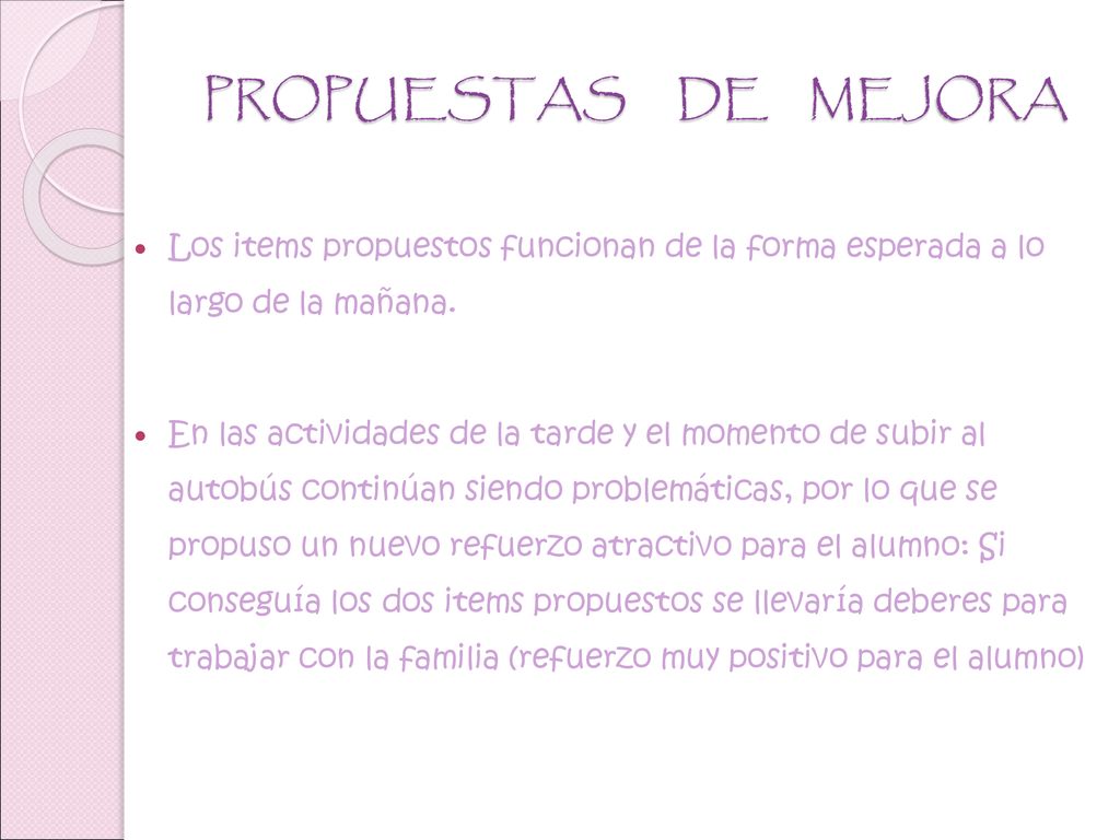 PROPUESTAS DE MEJORA Los items propuestos funcionan de la forma esperada a lo largo de la mañana.