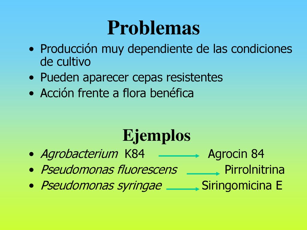 Problemas Producción muy dependiente de las condiciones de cultivo. Pueden aparecer cepas resistentes.