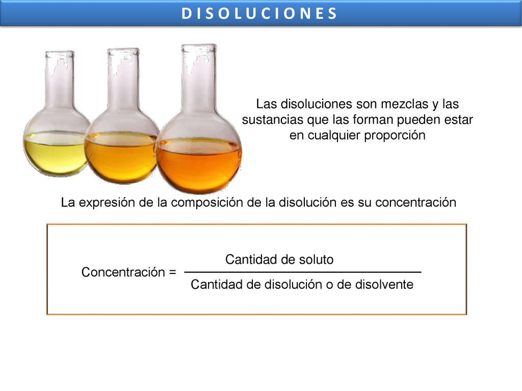 DISOLUCIONES Las disoluciones son mezclas y las sustancias que las forman pueden estar en cualquier proporción.