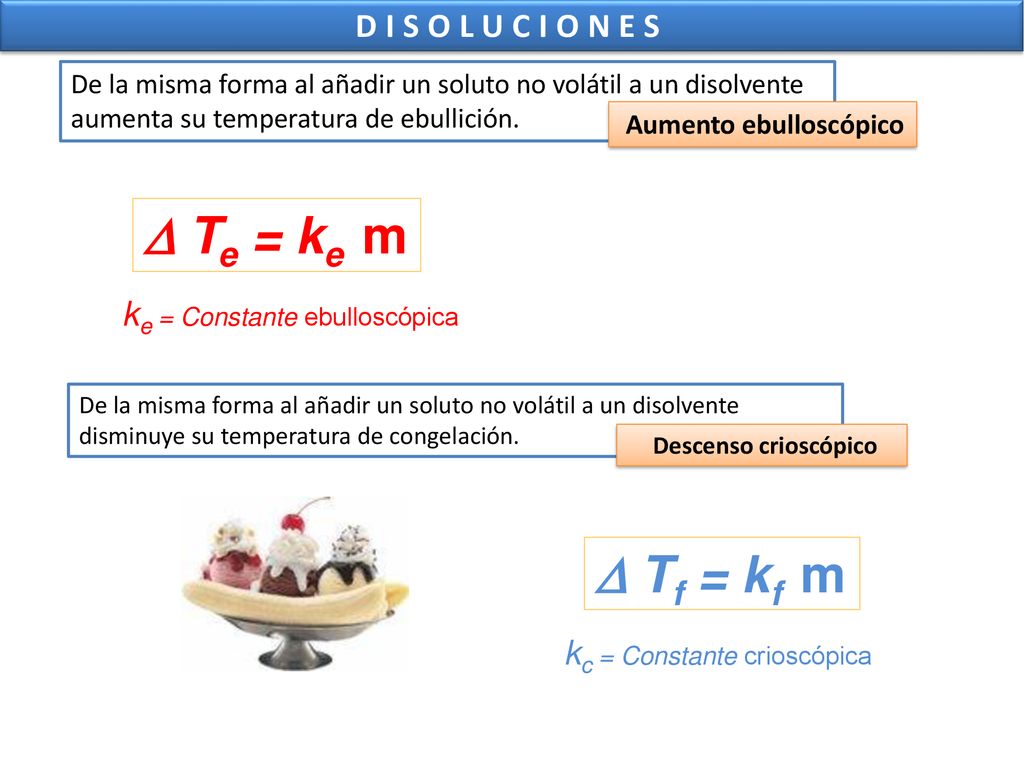  Te = ke m  Tf = kf m DISOLUCIONES ke = Constante ebulloscópica