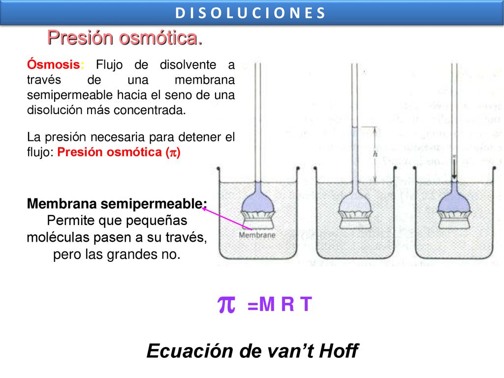  Presión osmótica. =M R T Ecuación de van’t Hoff DISOLUCIONES