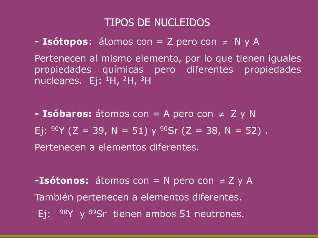 TIPOS DE NUCLEIDOS - Isótopos: átomos con = Z pero con  N y A