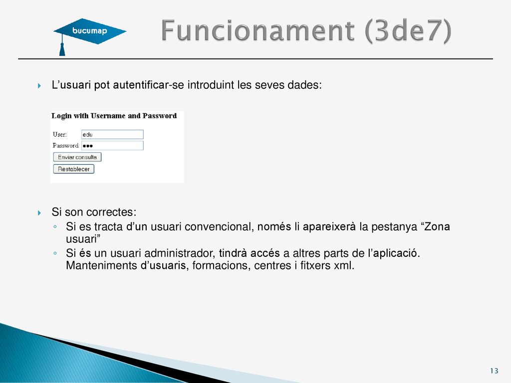 Funcionament (3de7) L’usuari pot autentificar-se introduint les seves dades: Si son correctes: