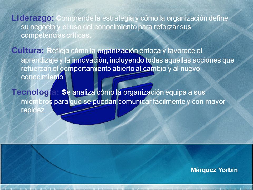 Liderazgo: Comprende la estrategia y cómo la organización define su negocio y el uso del conocimiento para reforzar sus competencias críticas.