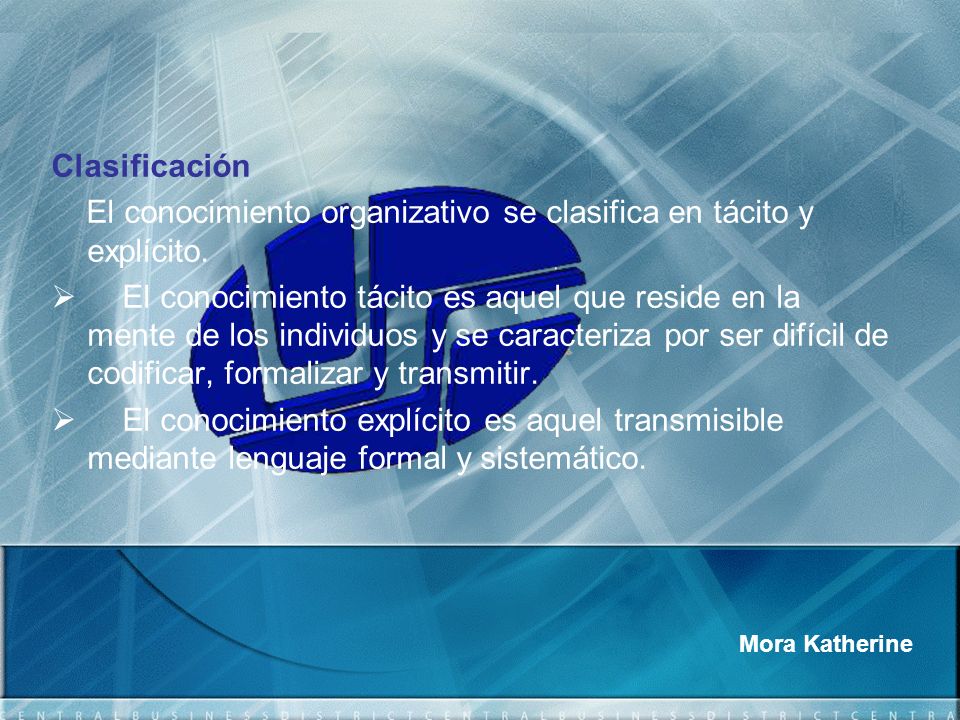 El conocimiento organizativo se clasifica en tácito y explícito.