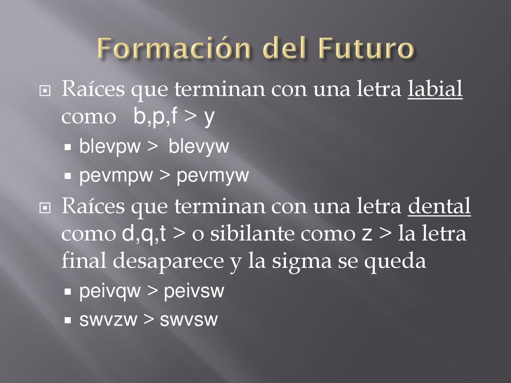 Formación del Futuro Raíces que terminan con una letra labial como b,p,f > y. blevpw > blevyw. pevmpw > pevmyw.