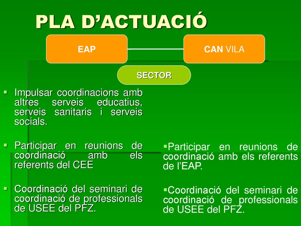 PLA D’ACTUACIÓ EAP. CAN VILA. SECTOR. Impulsar coordinacions amb altres serveis educatius, serveis sanitaris i serveis socials.