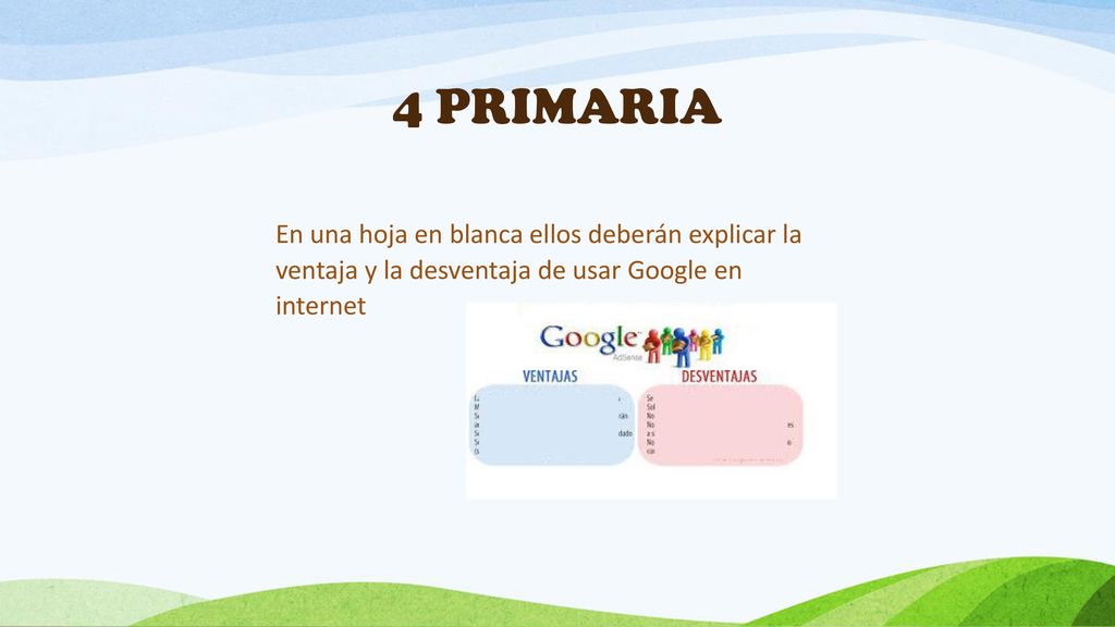 4 PRIMARIA En una hoja en blanca ellos deberán explicar la ventaja y la desventaja de usar Google en internet.