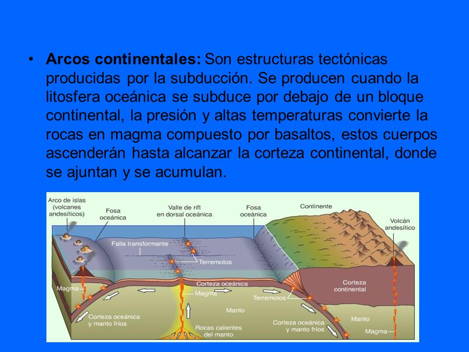 Arcos continentales: Son estructuras tectónicas producidas por la subducción.