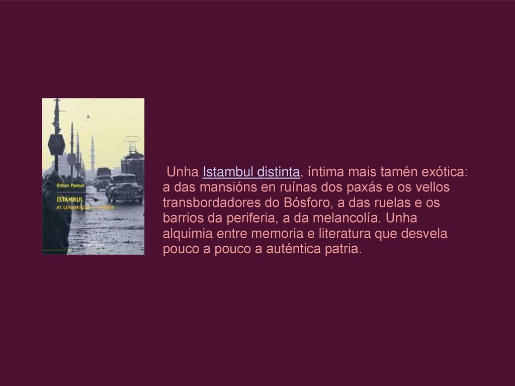 Unha Istambul distinta, íntima mais tamén exótica: a das mansións en ruínas dos paxás e os vellos transbordadores do Bósforo, a das ruelas e os barrios da periferia, a da melancolía.